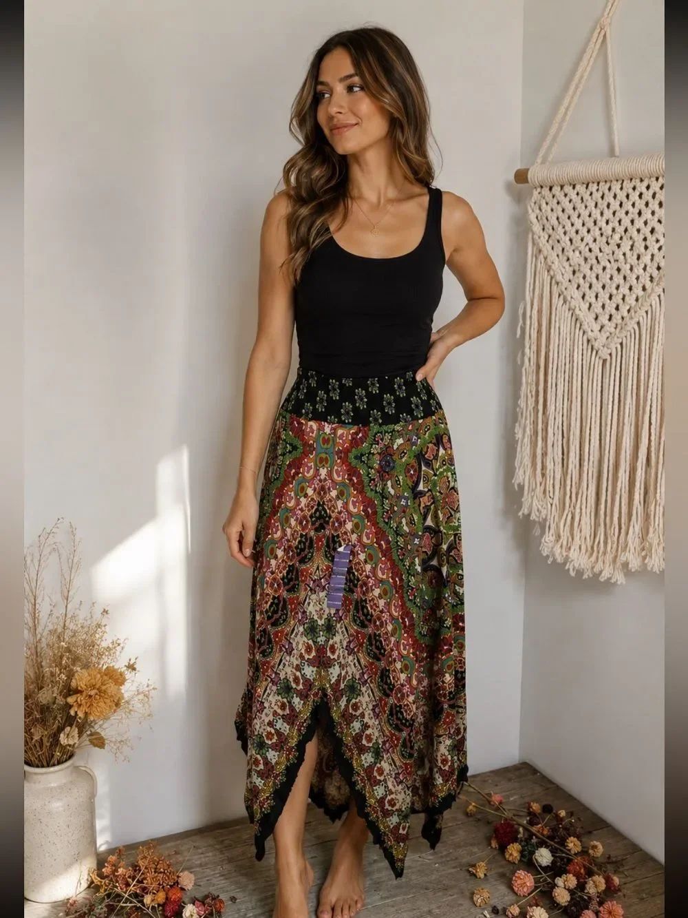 Bila Bohemian Maxi Skirt in Green, Red, Black NWOT
